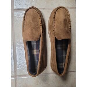 GOLDTOE Mens Moccasin Suede like Slippers Tan Plaid Fleece Lined Size XL 11-12